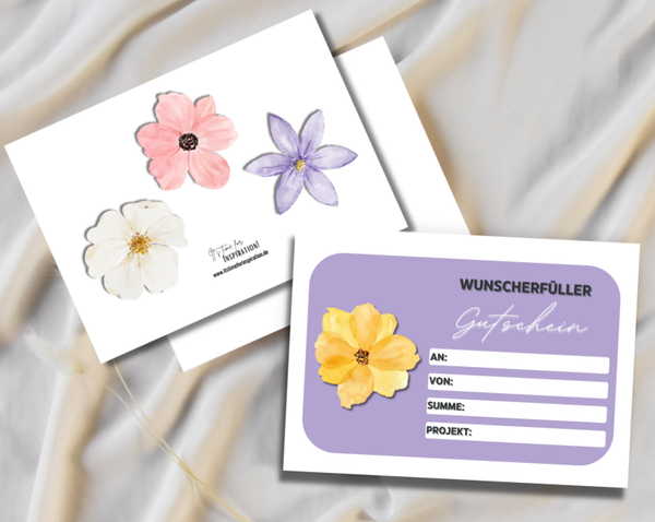 Gutschein Wunscherfüller Geburtstag Blumen A6 zum Ausdrucken 14,8 - 10,5 cm | DIY Gutscheinkarte selber basteln | Last-Minute-Geschenk für alle Anlässe | Sofort-Download png-Datei
