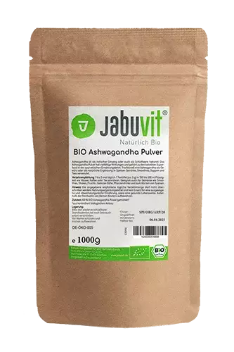 JABUVIT BIO ASHWAGANDHA PULVER (1000 g) Bio Ashwagandha Pulver mit 2% Withanoliden Ideal in Smoothies oder Golden Milk / Moon Milk Vegan - laktosefrei - glutenfrei - Made in Germany Natürlich Bio, natürlich JabuVit! Gesund, nachhaltig und lecker genießen 