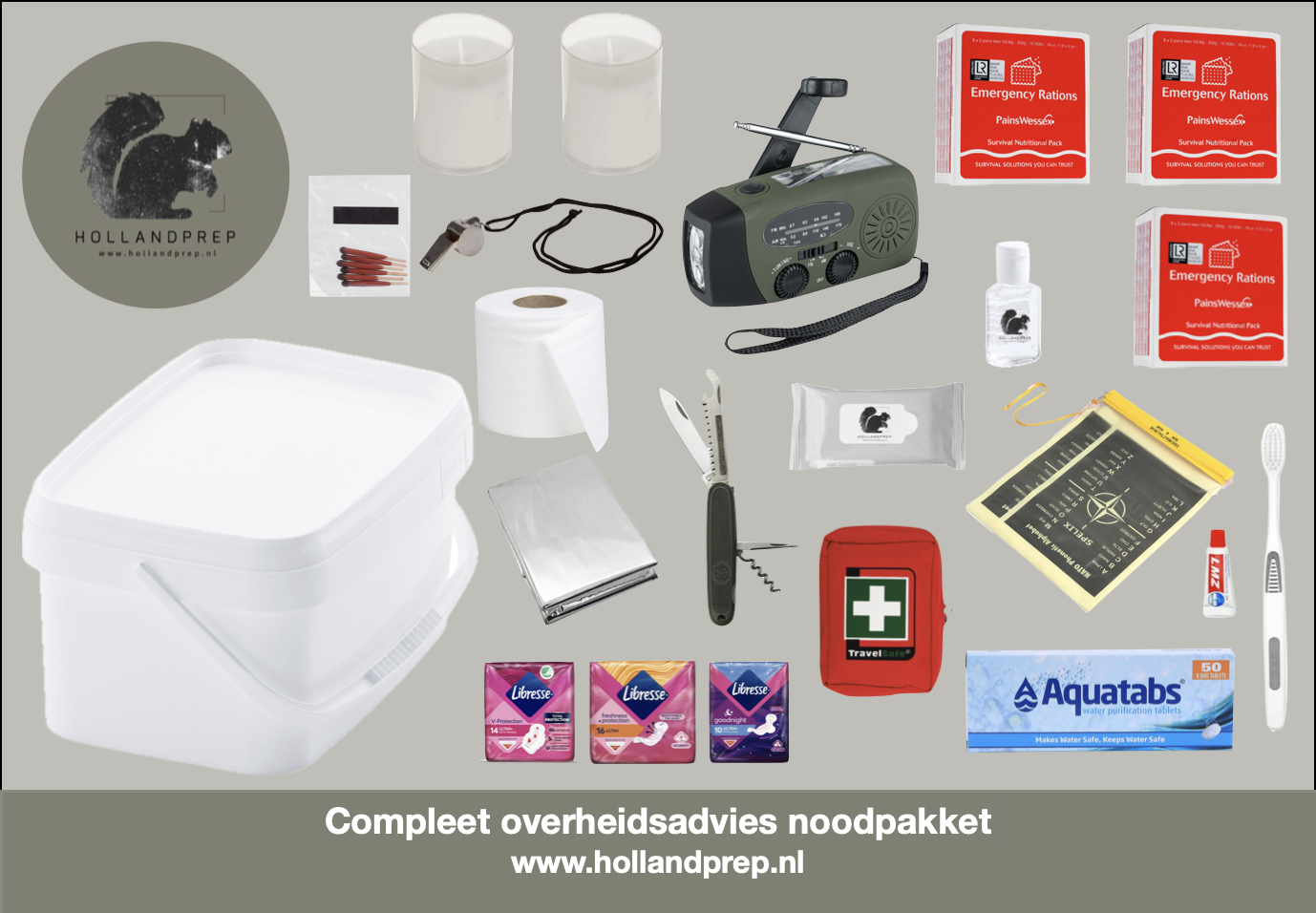 Compleet overheidsadvies Noodpakket + voedsel en waterzuivering - Hollandprep