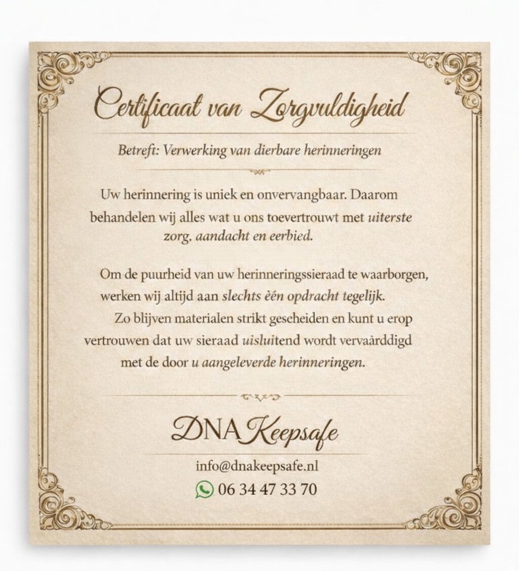 Ons certificaat garandeert zorgvuldige en respectvolle verwerking van uw herinneringssieraad.