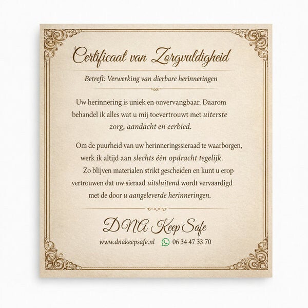 Ons certificaat garandeert zorgvuldige en respectvolle verwerking van uw herinneringssieraad.