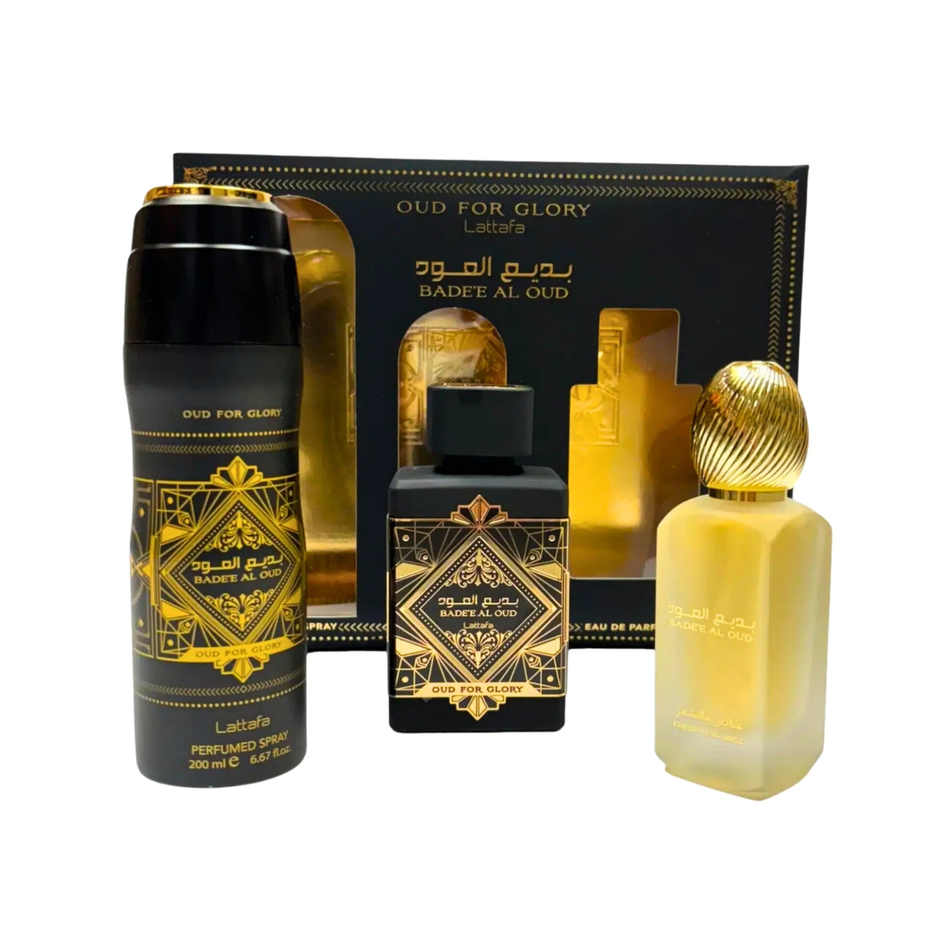 SET Bade’e Al Oud Oud for Glory Lattafa Set EDP 100 ml + Desodorante + Hair Spray