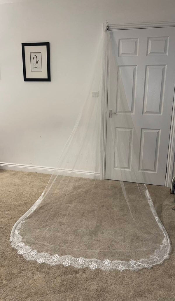 Single tier half chantilly lace trim veil