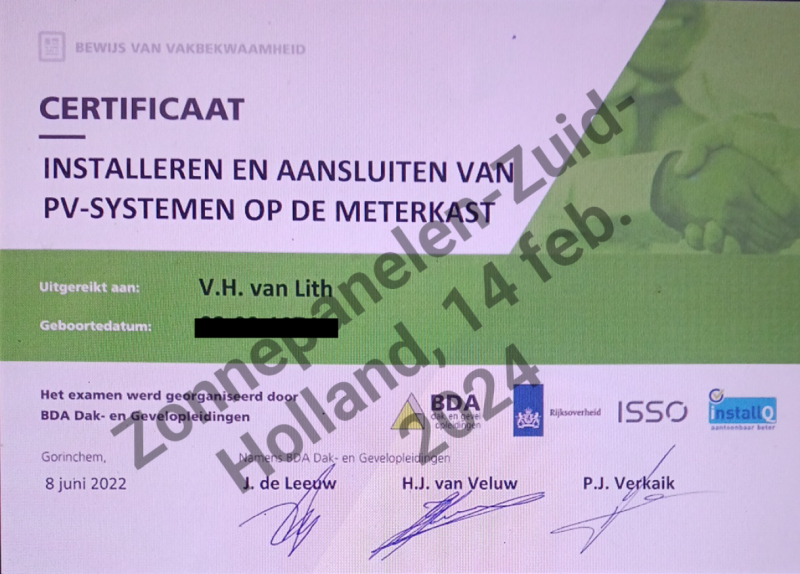 Certificaat Installeren en aansluiten van PV-systemen op de meterkast