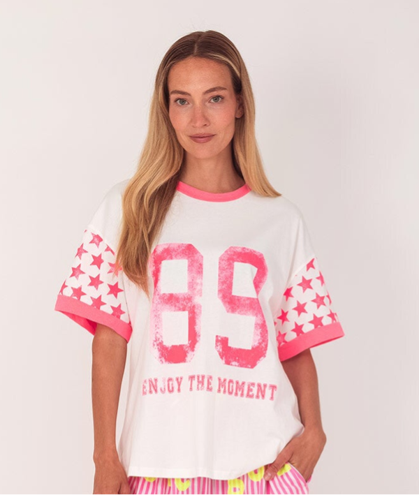 T-SHIRT NEON ROZE /WIT BASEBALLSHIRT