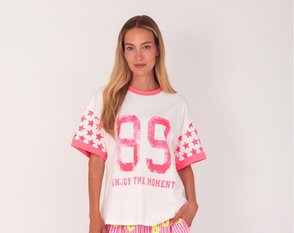 T-SHIRT NEON ROZE /WIT BASEBALLSHIRT