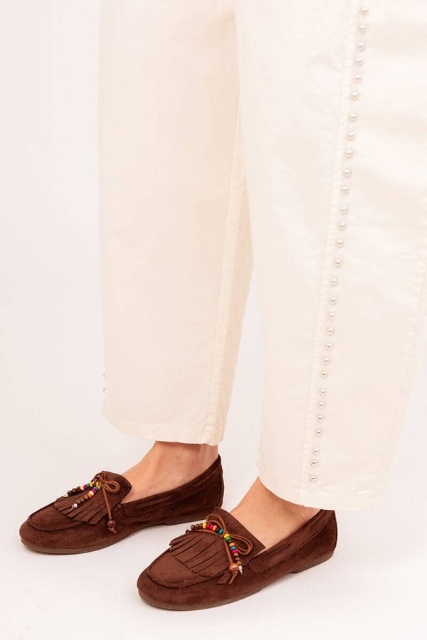 LOAFERS/BOOTSCHOENEN BRUIN MET FRANJES EN STRIK JUST ULLA