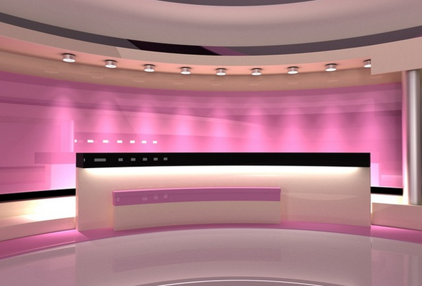 Futuristisches Studio in rosa Licht – modernes minimalistisches Raumdesign