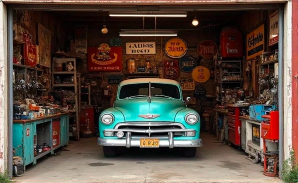 Vintage Garage mit Oldtimer in Türkis – Retro Werkstatt Szene