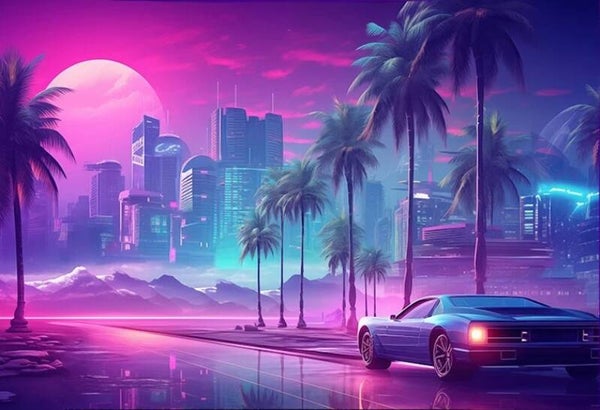 Cyberpunk Stadt bei Sonnenuntergang – Neon Palmen Zukunftsvision