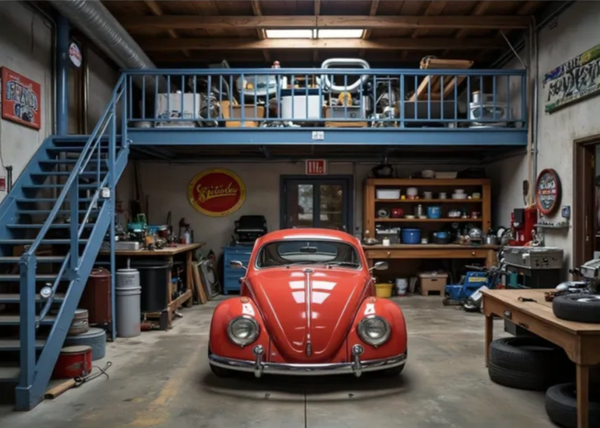 Klassische Werkstatt mit rotem Oldtimer