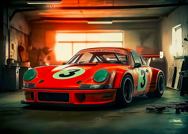 Rennwagen in Garage – Motorsport Szene mit dramatischer Lichtstimmung