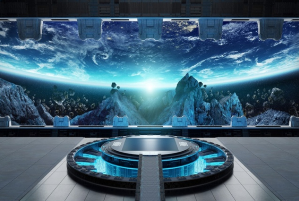Science Fiction Raumstation mit Blick auf Erde – futuristische Szene