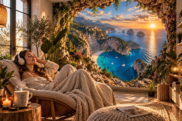 3D-Illusions-Wandbehang mit Frau und Blick in eine Höhlenlandschaft