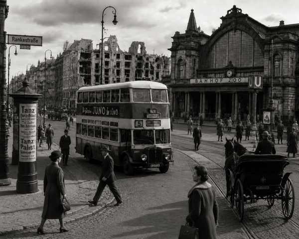 Berlin 1945 Wandbehang – Historische Szene am Bahnhof Zoo mit Doppeldeckerbus