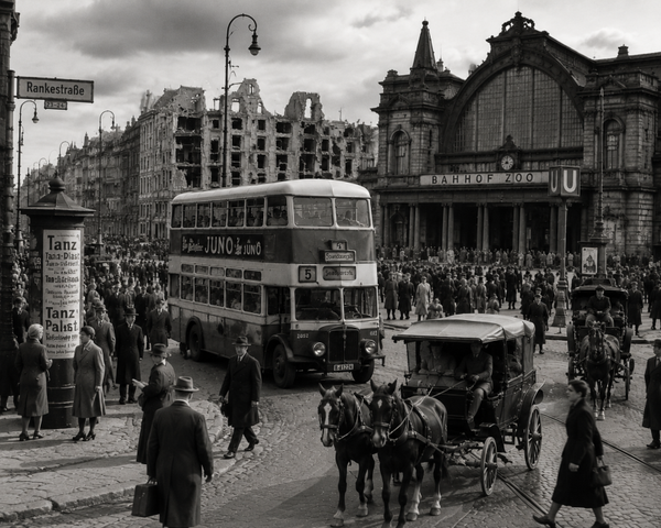 Berlin 1945 Wandbehang – Historische Szene am Bahnhof Zoo mit Doppeldeckerbus