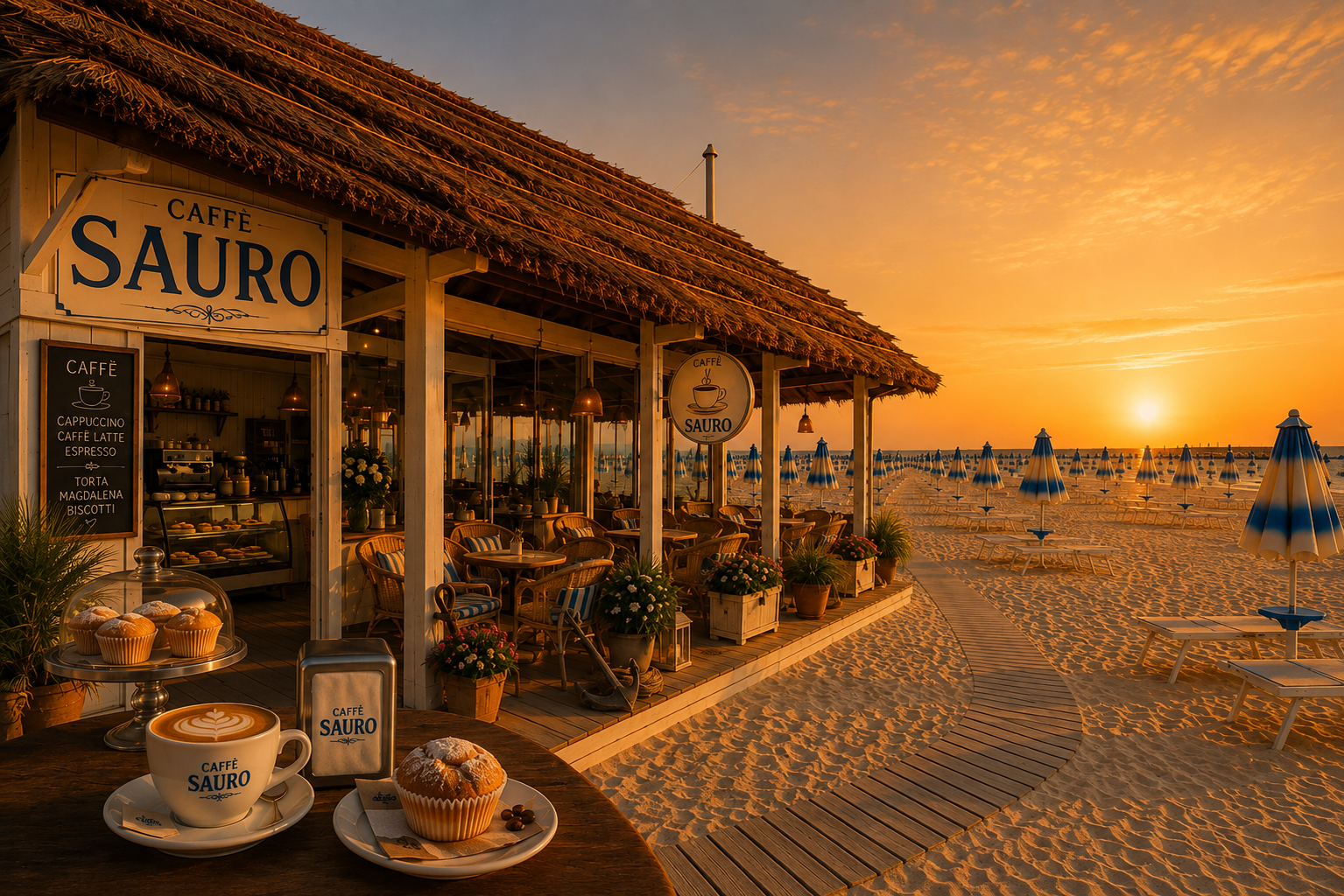 Caffè Sauro – Italienischer Strand bei Rimini in Abendsonne