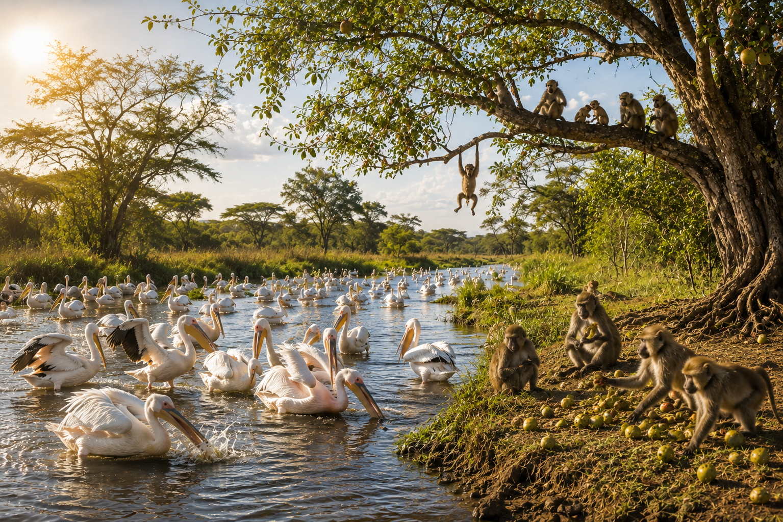 afrikanischer-fluss-pelikane-affen-obst-wandbehang.webp