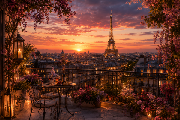 Paris bei Sonnenuntergang – Romantischer Wandbehang mit Eiffelturm und Dachterrasse