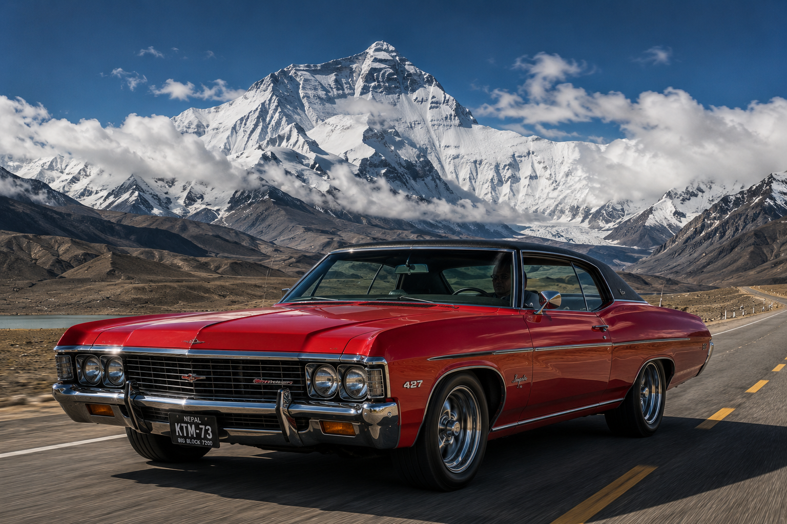 Chevrolet Impala 1973 am Mount Everest – Ferrariroter Oldtimer als Wandbehang