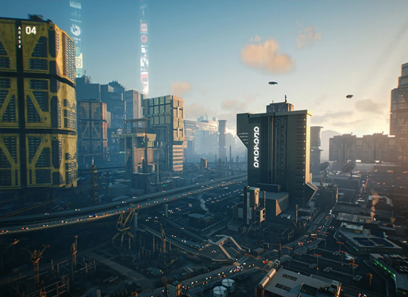 Cyberpunk Skyline bei Sonnenaufgang – Premium Wandbehang für futuristische Wohnräume