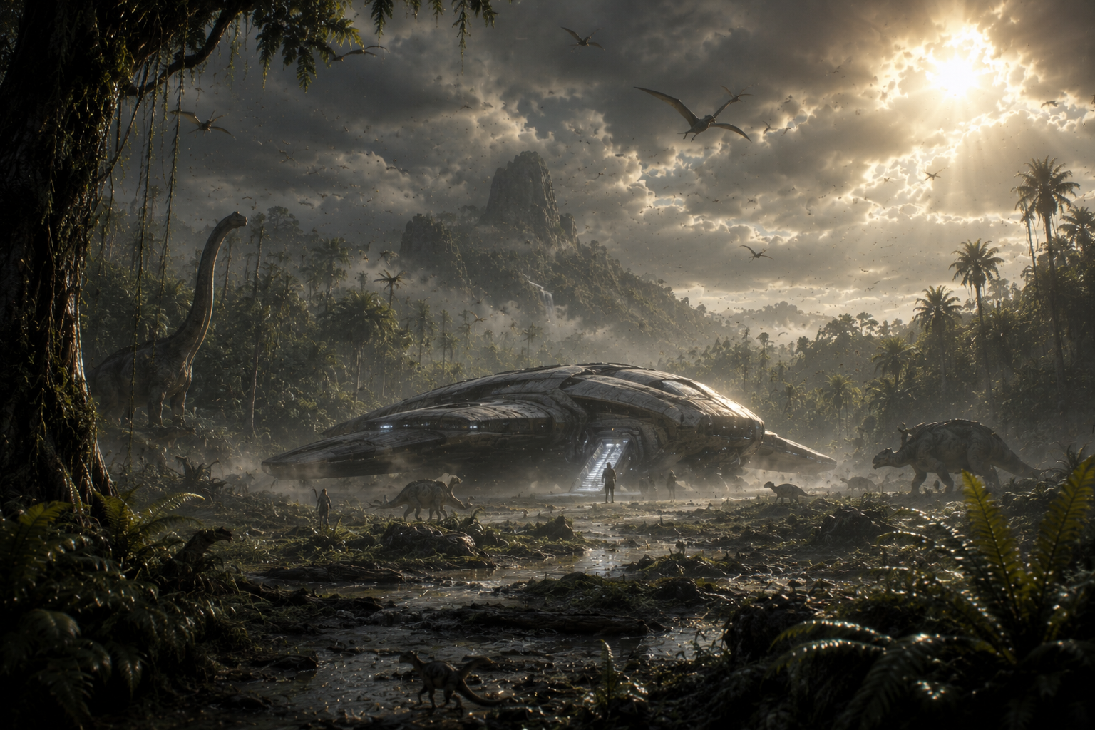 Dinosaurier im Urzeitalter mit Raumschiff – mystischer Wandbehang