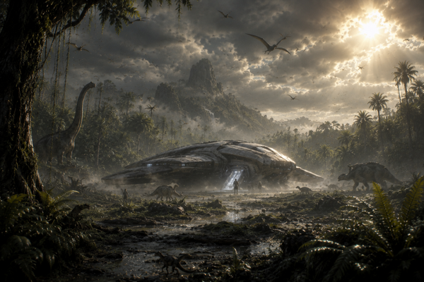 Dinosaurier im Urzeitalter mit Raumschiff – mystischer Wandbehang
