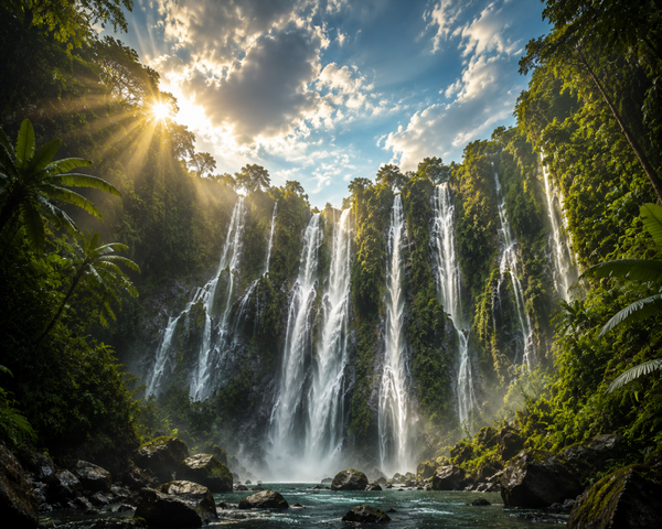 Dschungel-Wasserfall mit Sonnenstrahlen – Tropische Naturgewalt als Wandbehang