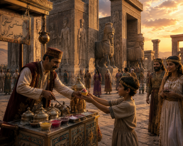 Eisverkäufer in Persepolis – Lebendige Szene aus dem antiken Persien