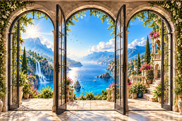 Fenster- und Türillusion mit Meerblick – Mediterrane Landschaft mit beeindruckender Raumtiefe