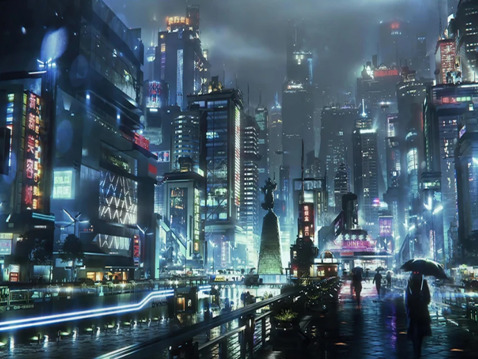 Futuristische Skyline bei Nacht – Premium Wandbehang mit Urbaner Tiefenwirkung