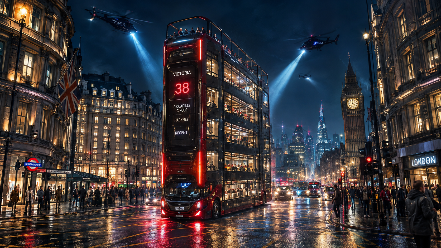 Futuristischer London-Bus bei Nacht – Cyberpunk Stadt Wandbehang