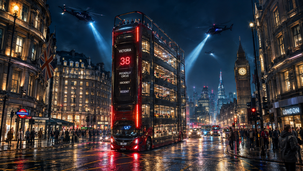 Futuristischer London-Bus bei Nacht – Cyberpunk Stadt Wandbehang