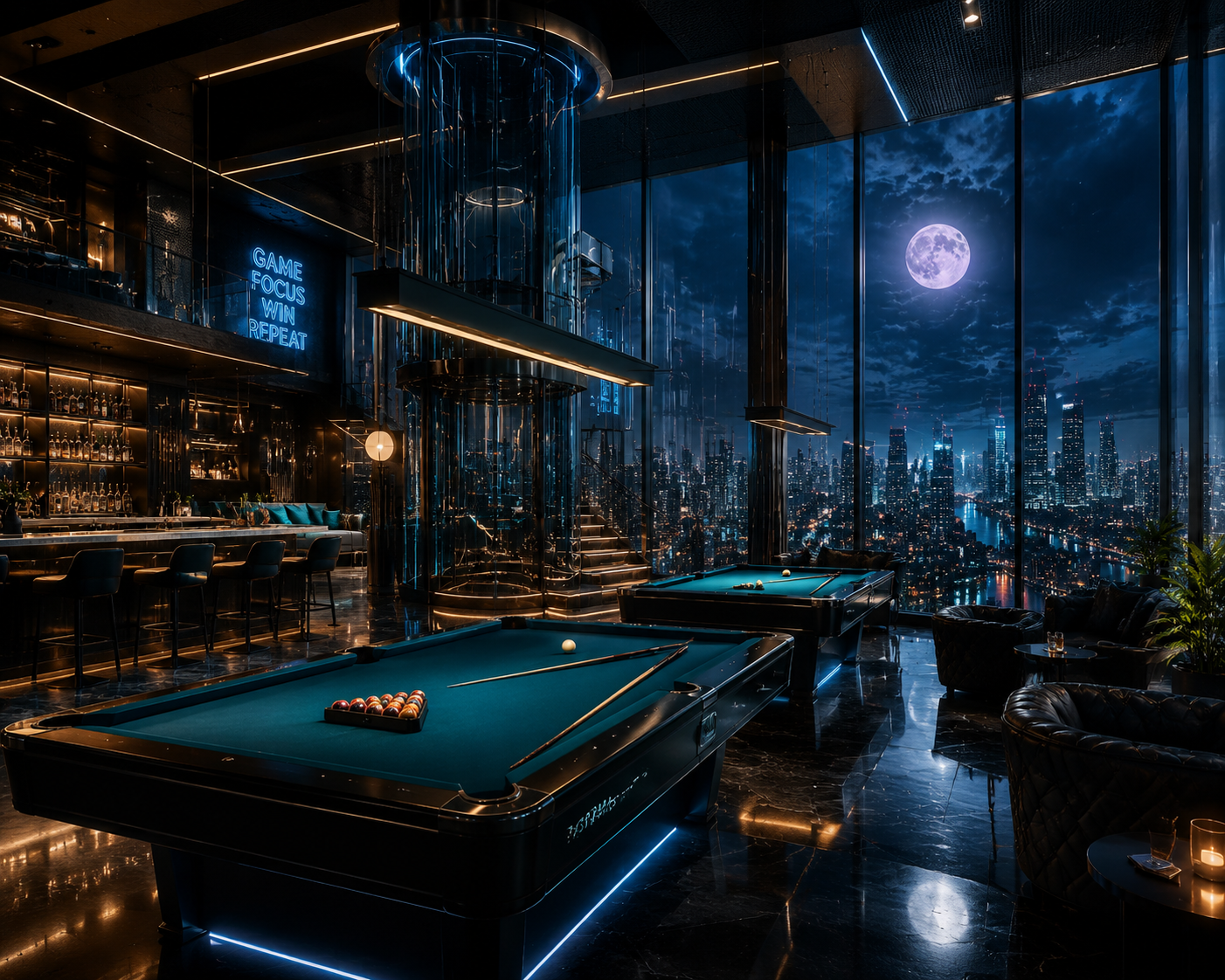 Futuristischer Gaming Wandbehang – Billard Lounge im Wolkenkratzer bei Vollmond