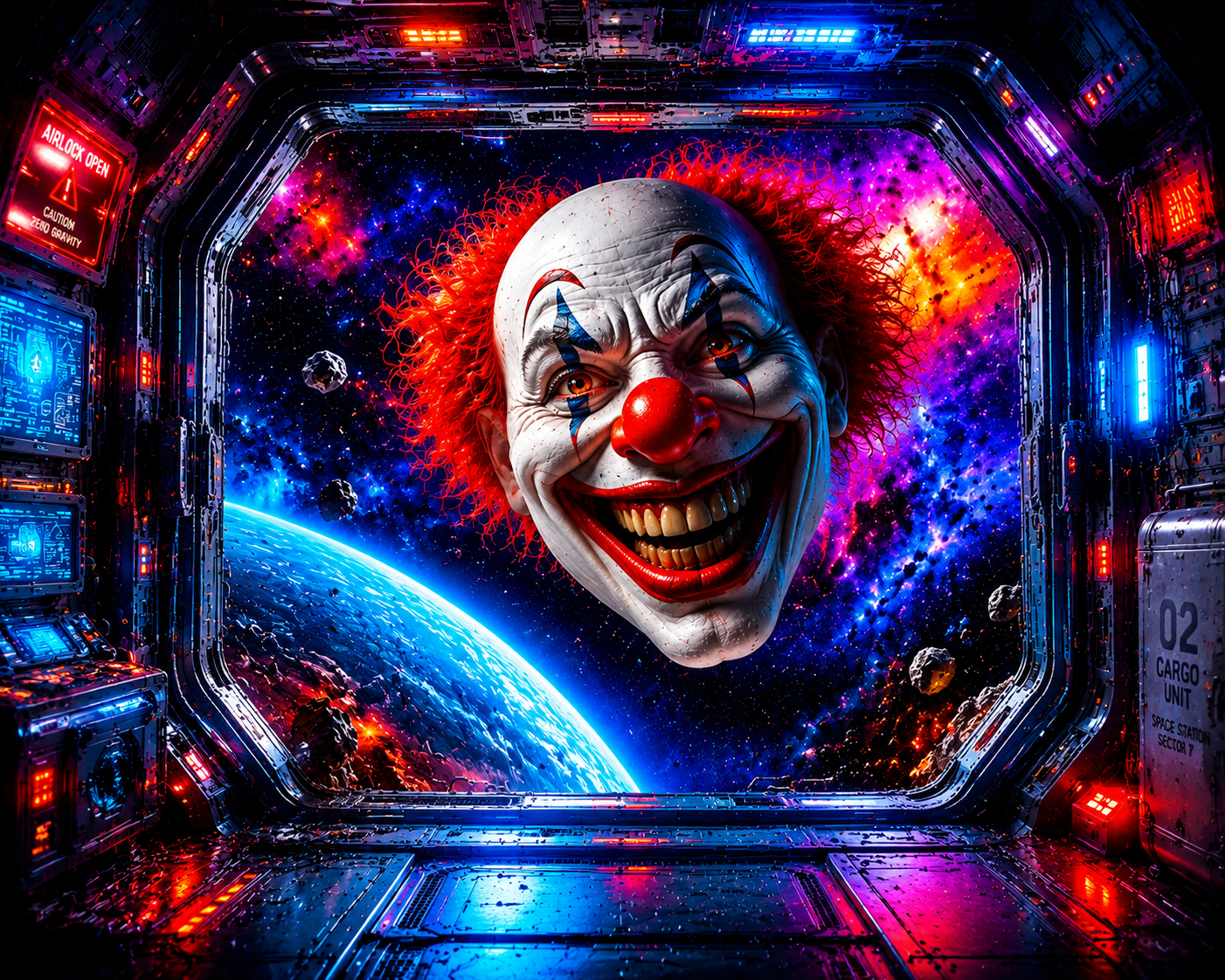 Galaktisches Raumschiff Wandbehang – Grinsender Clown im Weltraum