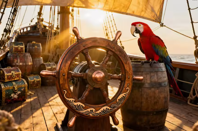 Historisches Piratenschiff mit Steuerrad – Premium Wandbehang voller Abenteuer