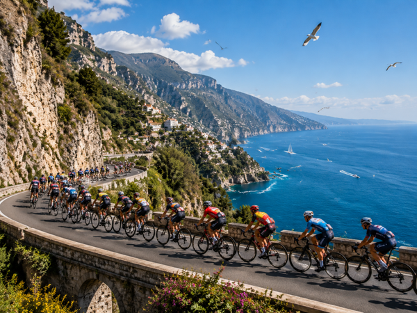 Italien Küste Wandbehang – Rennradfahrer auf spektakulärer Klippenstraße