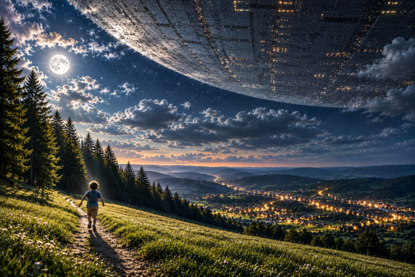 Gigantisches Raumschiff am Himmel – Science-Fiction Wandbehang