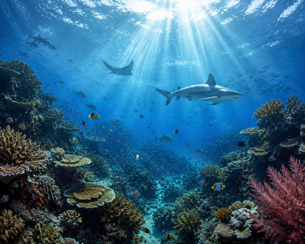 Korallenriff mit Hai und Mantarochen – Faszinierende Unterwasserwelt als Wandbehang