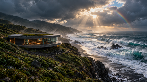 Küstenhaus am Sturmmeer – Wandbehang mit Regenbogen und Lichtstrahlen