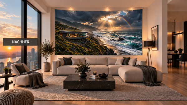 Dasselbe Wohnzimmer mit großformatigem Küstenhaus-Wandbehang