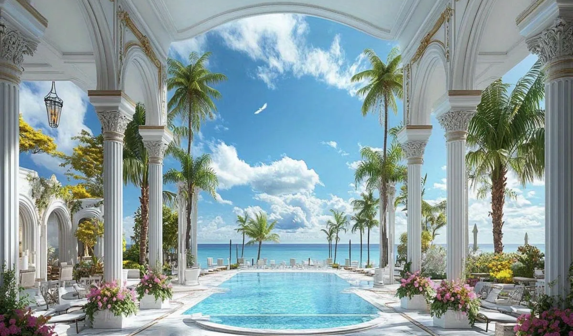 Luxuriöse Poolvilla am Meer – Premium Wandbehang mit mediterranem Urlaubsflair