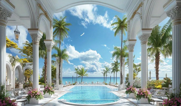 Luxuriöse Poolvilla am Meer – Premium Wandbehang mit mediterranem Urlaubsflair