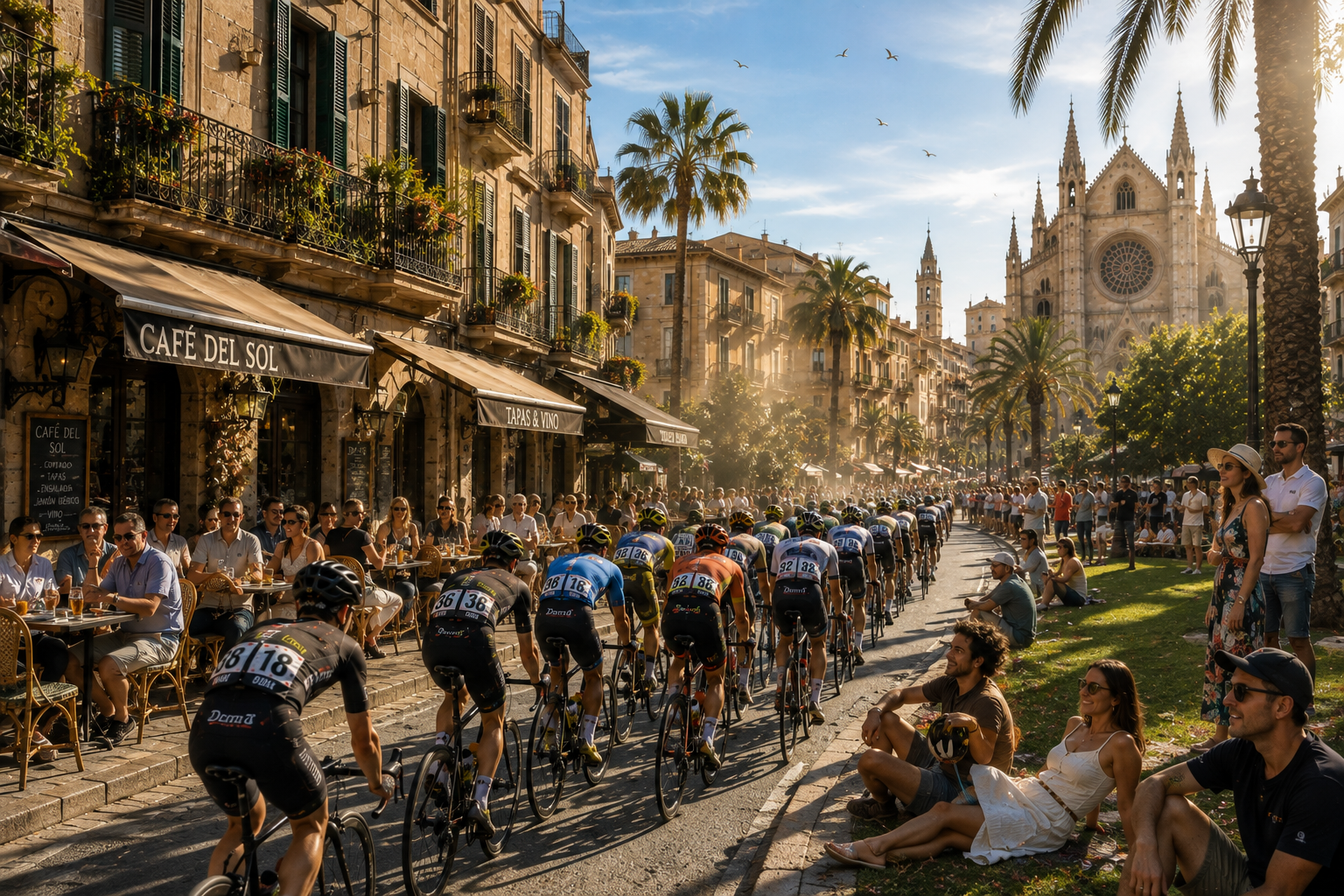 Fahrradkorso durch Mallorca – Altstadt, Cafes & Palmen als Wandbehang