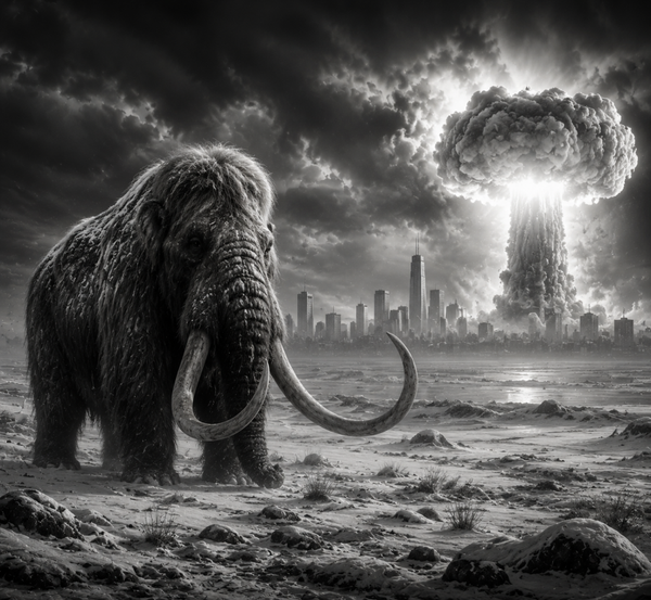 Mammut Wandbehang – Eiszeit trifft Zukunft mit apokalyptischer Skyline