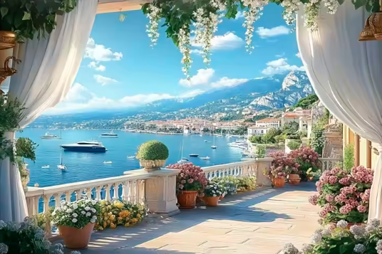 Mediterrane Terrasse mit Meerblick – Urlaub für die Wand
