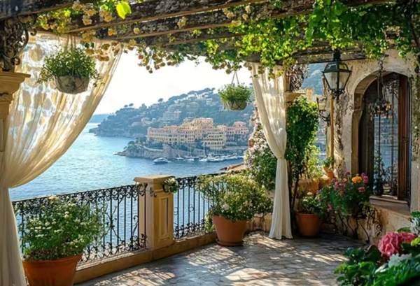 Mediterrane Terrasse mit Meerblick – Eleganter Wandbehang voller Urlaubsflair