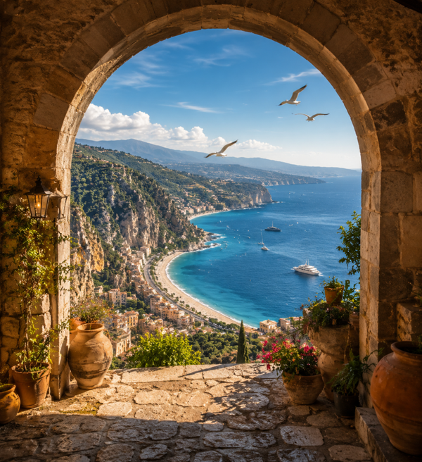 Mediterraner Wandbehang – Felsenküste mit Torbogen und Meerblick