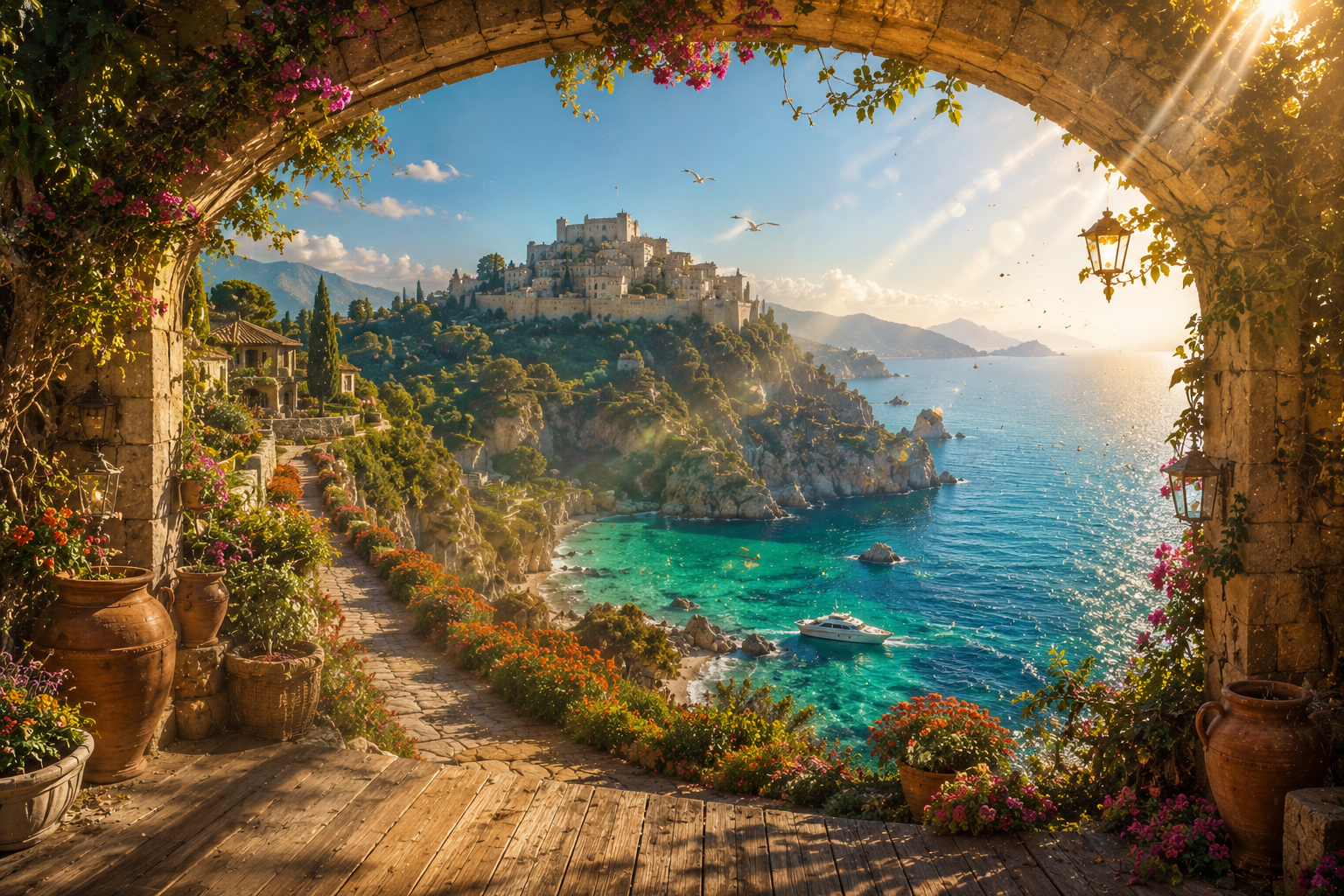 Mediterranes Paradies mit Meer und Burgenstadt – Wandbehang