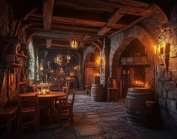 Mittelalterliche Taverne mit beeindruckender Tiefenwirkung – Premium Wandbehang